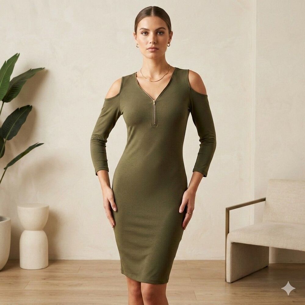 Hot Kiss Dress Cold Shoulder Curve Hugging Dress Army Green Midi Bodycon Med